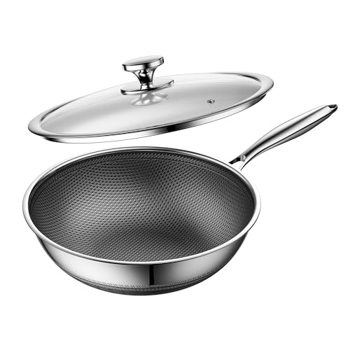 ZEROPAN Wokpfanne mit Deckel 30cm, Wok Induktion Antihaft, Edelstahlpfanne, kühl bleibender Griff, spülmaschinenfest, frei von PFAS, PFOA und PTFE, ofenfest bis 260 °C, für alle Herdarten geeignet