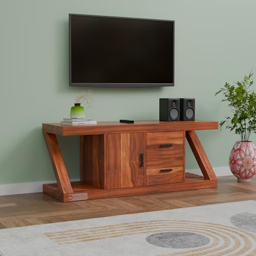 Image of DRIFTINGWOOD Zenith Modern Z-Shape TV Console for Up to 50 Inch TV, Solid Sheesham Wood Media Stand with 3 Storage Compartments (1 Cabinet, 2 Drawers), Honey Finish