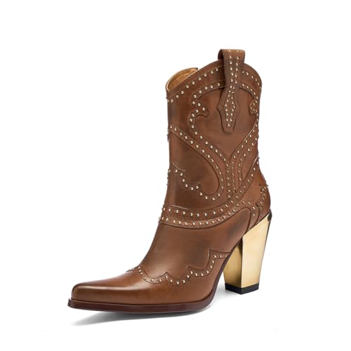 Tsrenlmln Cowboy Boots for Women Western Boots with Chunky Heel - Stylish Sharp tip rivet Boots for Women golden heel