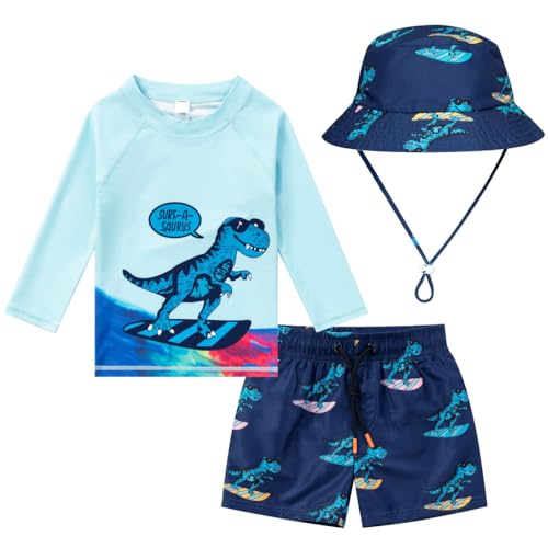Image of Baby-Boys Toddler Long Sleeved Rashguard Swim Bathing Suit and Sun Hat Set