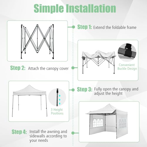 Image of Tangkula 10x10 FT Pop Up Canopy, Outdoor Tent with 3 Sidewalls & Awning, Wheeled Bag, 4 Sandbags, 8 Stake, 4 Ropes, Portable Canopy Tent for Party Picnic Event Beach Camping (White)