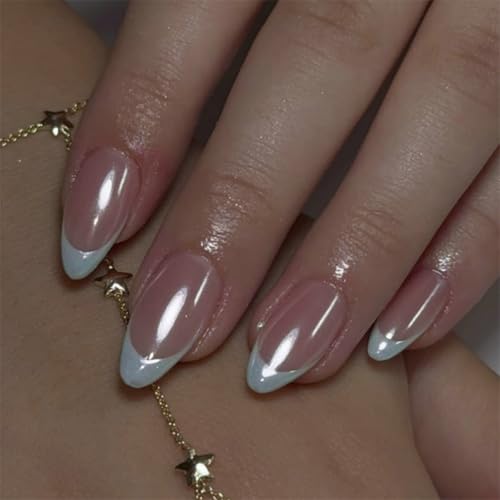 Image of Blue French Tip Press on Nails Chrome Fake Nails with Glossy Nude Reusable Full Cover Medium Almond Stick on Nail for Women Manicure 24Pcs
