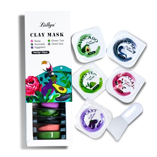Liillya Heilerde Maske in Reisegröße Totes Meer, Grüner Tee, Rose, Avocado, Aubergine Gesichtsmaske, Porenreiniger Gesicht, Masken Set für Hautpflege, Mitesser, Akne, Pickel und Ölkontrolle,10pcs