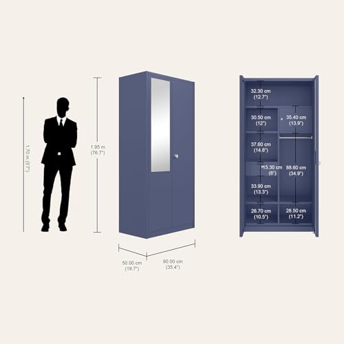 Image of Interio by Godrej Errol 2-Door Steel Almirah with Mirror (Textured Phiroja Blue), 1-Year Warranty, 1 Locker, 1 Drawer, 5 Shelves