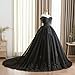 PFTFB Women's Puffy Tulle Off the Shoulder Wedding Dresses 2024 Off Shoulder Black Lace Wedding Gowns for Bride with Train Plus Size 18