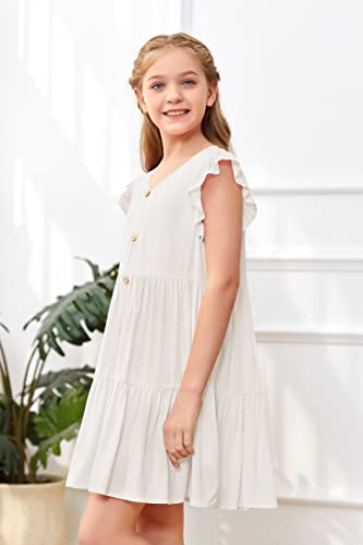 Mafulus Girls Ruffle Sleeve Dress Kids V Neck Button Down Tiered Swing A-Line Summer Beach Sundress Outfit 5-14T #TOP1