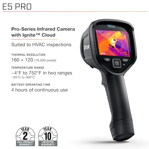 Image of FLIR E5 Pro - Commercial Thermal Imaging Camera with Wifi. High Resolution Infrared Camera with FLIR Ignite Cloud | Infrared camera, -20 to 400C, MSX, 9Hz, Li-Ion battery, case, commercial inspection