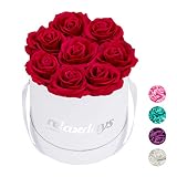 Relaxdays Rosenbox rund, 8 Rosen, stabile Flowerbox weiß, 10 Jahre haltbar, Geschenkidee, dekorative Blumenbox, rot, 17 x 17 x 17 cm