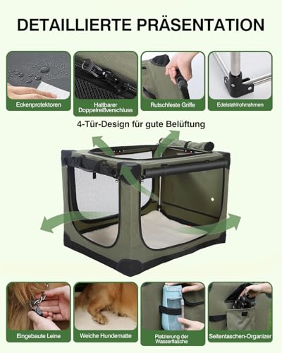 derimkcoa Hundebox faltbar für mittlere Hunde,Hundetransportbox Auto mit verstellbarem Design, reißfesten Netzfenstern & Plüsch-Betteinlage für Zuhause & Reise,76 * 54 * 54cm,Grün