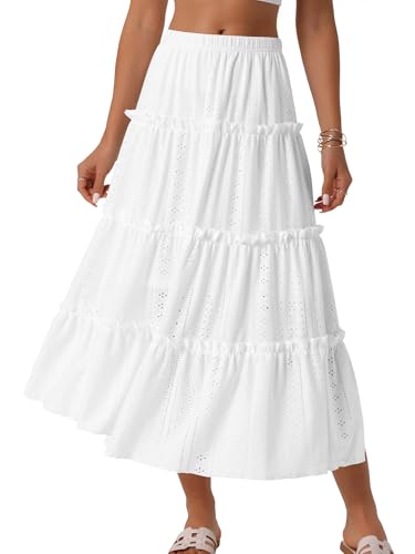 Seta T Women's Maxi Skirts Elastic Waist Tiered A Line Eyelet Skirt Ruffle Boho Long Summer Casual Skirt
