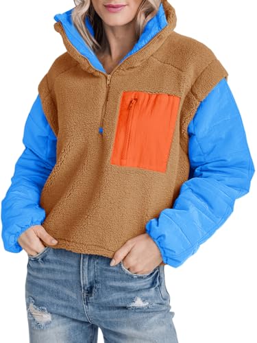 Tankaneo Womens Fleece Puffer Pullover Jacket Sherpa Fuzzy Coat Fall Winter Half Zip Color Block Sweatshirt2
