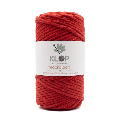 KLOP 3mm Single Strand Cotton Macrame Cord 93 Yards (85m / 279ft) Twisted Macrame Rope for Wall Hangings, Plant Hangers, Dream Catchers & Fringe (Red)