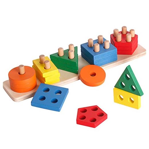 Wooden Sorting & Stacking Toy, Shape Sorter Toys for Toddlers, Montessori Color Recognition Stacker, Early Educational Block Puzzles for 1 2 3 Years Old Boys and Girls (5 Shapes)