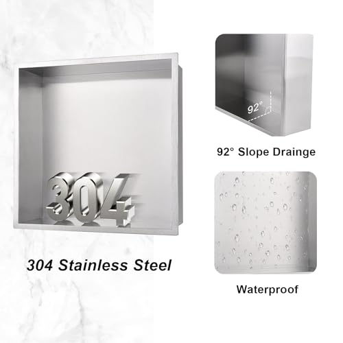Shower Niche Wall-Inserted: Stainless Steel Recessed Niche No Tile Needed Waterproof for Shower Wall - Bathroom, Kitchen, Living Room - Square Storage Brushed Nickel by Beelee - Image 3