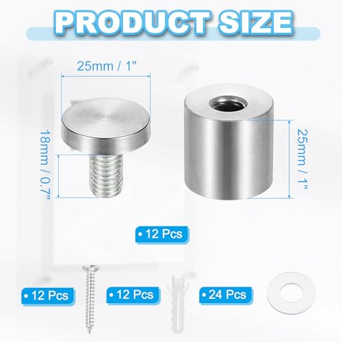 Image of PATIKIL 1 inch x 1.2 inch Standoff Screws, 12 Pack Stainless Steel Wall Mount Sign Standoffs Mounting Hardware Advertising Nail for Hanging Acrylic Picture Frame, Silver