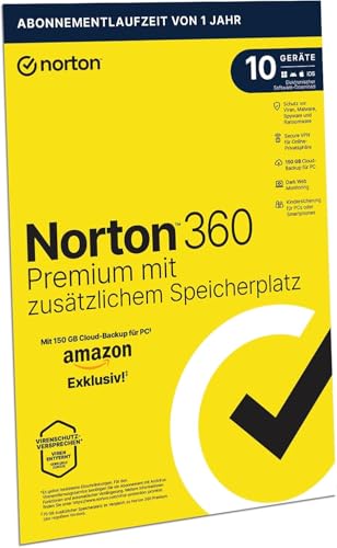 Norton 360 Premium mit extragroßer Backup-Kapazität – Amazon Exklusiv* 75GB zusätzlicher Cloud-Backup Speicher. Antivirus Software für 10 Geräte und einem Jahr Laufzeit