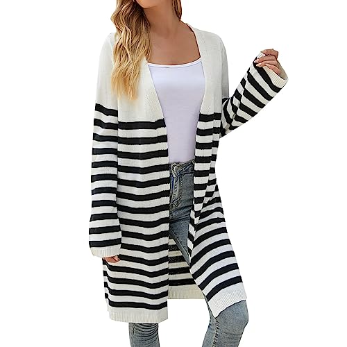Cárdigan de rayas largas para mujer, chaqueta delgada informal, chaqueta de otoño de manga larga, chaqueta ligera con cuello en V, frente abierta, chaqueta de otoño, Blanco, XL