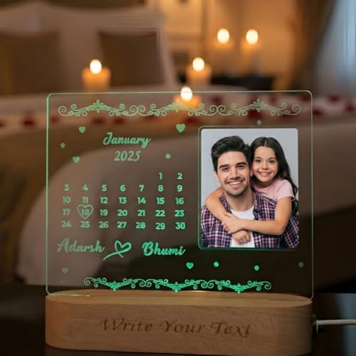 Image of Personalized Calendar LED Photo Lamp - Custom Date Night Light with Photo, Names & Special Day Highlight - Anniversary, Wedding, Valentine Gift for Couples Brother Sister