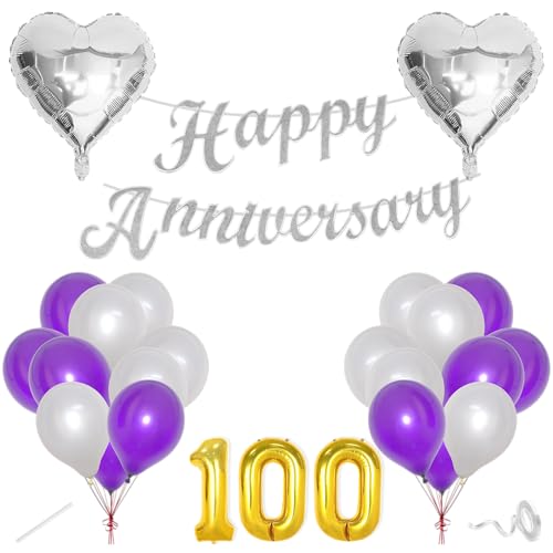 Image of Flyloons 100th Happy Anniversary Decoration Items Purple for Men Women Husband Wife Mom Dad Parent Couple Home Bedroom Car With 20 Pcs Metallic Balloons Anniversary Banner 2 Pcs Heart Set Kit