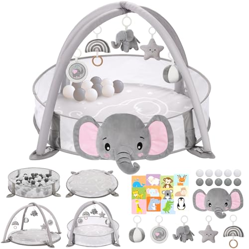 7-in-1 XL Large Baby Play Gym Mat, Tummy Time Mat, Baby Gym & Ball Pit