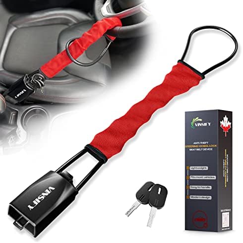 VINSIFY Steering Wheel Lock Anti Theft Car Device - Seat Belt Car Lock Security - Lightweight & Easy to Handle - Durable Material - Fits Most Vehicles : Cars Trucks SUVs Vans & Golf Carts. (Red)