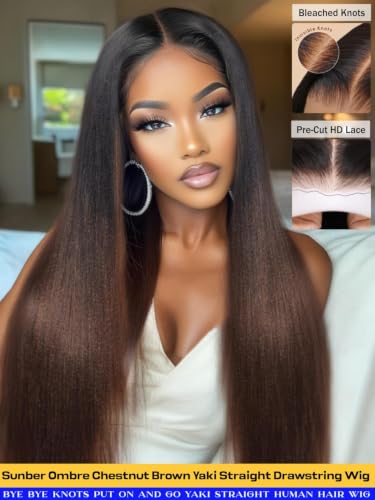 Image of Sunber Yaki Straight Ombre Chestnut Human Hair Wigs with Drawstring 18inch