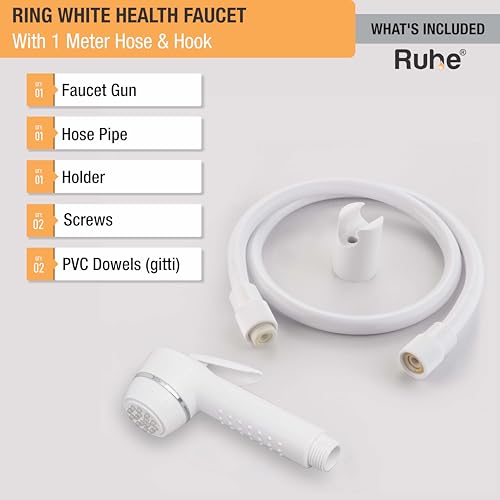 Image of Ruhe Ring White Health Faucet Set for Bathroom /Handheld Jet Spray for Toilet | ABS Health Faucet Hand Spray Gun with ABS 1 Meter Ultra Flexible Hose Pipe and Wall Hook /Holder | White Color
