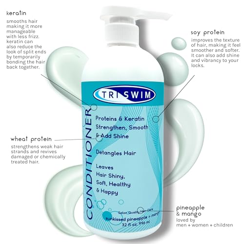 TRISWIM Swim Conditioner 32oz | Hydrates, Strengthens & Smooths Hair | Repairs Damage from Chlorine, Bromine & Saltwater | Protein & Keratin Formula | Sunkissed Pineapple + Mango Scent
