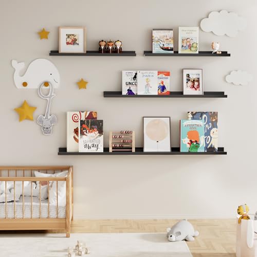 Fun Memories Picture Ledge Shelf for Wall, Floating Shelves Set of 4, 36 Inch Long Nursery Book Shelves for Toys Storage, Kids Bookshelf Wall Mounted for Books Photo Frames, Black