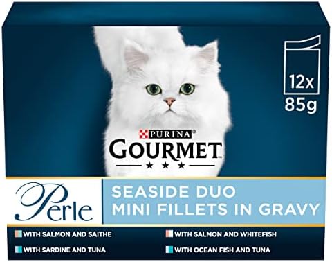 Gourmet Wet Cat Food Pouches in Gravy - Perle Seaside Duo 12 x 85g (Multipack of 4) Mini Fillets - Mix of Sardine, Ocean Fish and other, Pet Food, Cat Food Wet, Cat Wet Food for Adult and Senior Cats
