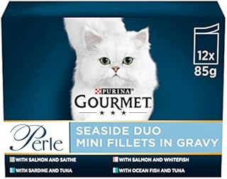 Gourmet Wet Cat Food Pouches in Gravy - Perle Seaside Duo 12 x 85g (Multipack of 4) Mini Fillets - Mix of Sardine, Ocean Fish and other, Pet Food, Cat Food Wet, Cat Wet Food for Adult and Senior Cats