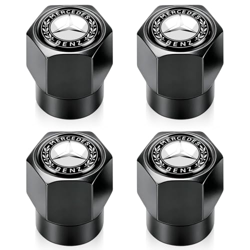 Tire Valve Stem Caps for Mercedes-Benz AMG A C E S Class Series GLK CLA GLA GLC GLE CLS SLK Metal Wheel Air caps Auto Valve Stem Caps Accessories 4 Pcs Black