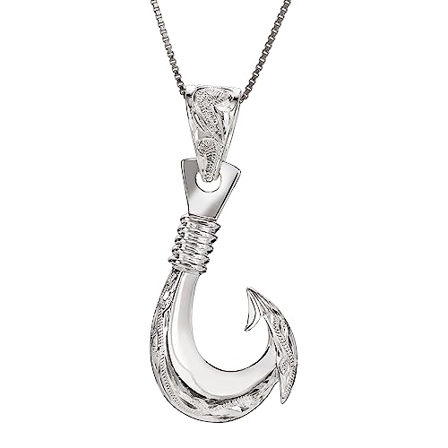 Aloha Jewelry Company 925 Sterling Silver Rhodium Plated Hawaiian Fishhook Angle Necklace Pendant, Nickel Free Hypoallergenic for Sensitive Skin, Heirloom Scroll, with 18” Box Chain and Gift Box