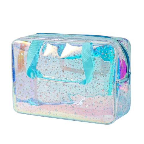 RSRSLEII Clear PVC Star Large Cosmetic Bag, Transparent Large Zippered Opening Makeup Bag, Portable Waterproof Travel Bag with Handle, Gym, Swimming and Beach Bag (06Light Blue)