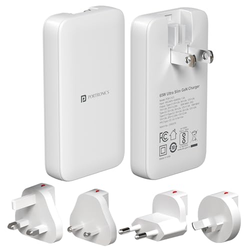 Image of Portronics 65W Adapto 65U Ultra Slim Dual Port Fast Charging Adaptor With Swappable Heads, Type C PD Output, International Travel Fast Charging Adapter, Suitable for 180+ Countries US,UK,EU,AUS(White)