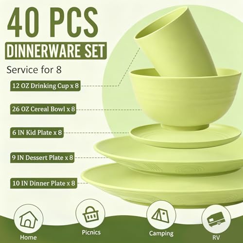 Image of Wheat Straw Dinnerware Set 40-Piece Service for 8 Unbreakable Dishes Set Plates and Bowls Sets Drinking Glasses Microwave Safe Dish Set Lightweight Dinnerware Set for Home & Kitchen - Yellow