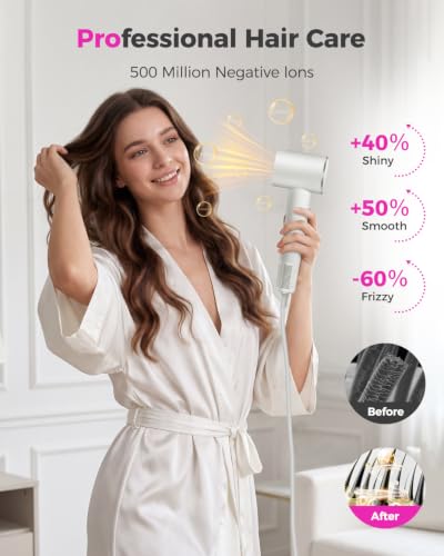 Image of High-Speed Hair Dryer with Diffuser, Ionic Blow Dryer, White | 160000 RPM for Fast Drying, Upgraded 3-Layer Motor Protection, Salon Hairdryer for Curly Straight Hair, LED Temp Display
