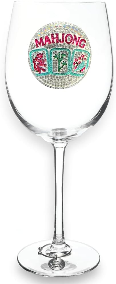 THE QUEENS' JEWELS Mahjong Jeweled Stemmed Wine Glass, 21 oz. - Unique Gift for Women, Birthday, Cute, Fun, Not Painted, Decorated, Bling, Bedazzled, Rhinestone
