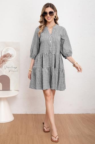 Image of utcoco Women's 2026 Spring Summer Plaid Shirt Dress 3 /4 Puff Sleeve Button Down Loose Casual Midi Dress with Pockets