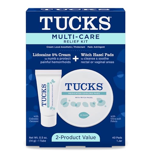 Image of Tucks Multi-Care Relief Kit – 40 Count Witch Hazel Pads & 0.5 oz. Lidocaine Cream - Protects from Irritation, Hemorrhoid Treatment Medicated Pads Used by Hospitals