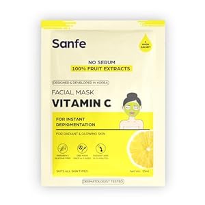 Sanfe Instant Depigmentation Vitamin C Facial Mask | For radiant & glowing skin | 100% fruit extracts, Korean Mask | 1pc, 25gm