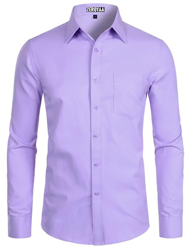 ZEROYAA Mens Long Sleeve Dress Shirt Solid Slim Fit Casual Business Formal Button Up Shirts with Pocket Lavender L
