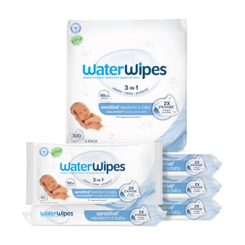 Image of WaterWipes Sensitive+ Newborn & Baby Wipes, 3-In-1 Cleans, Cares, Protects, 99.9% Water, Unscented & Hypoallergenic, 300 Count (5 Packs)