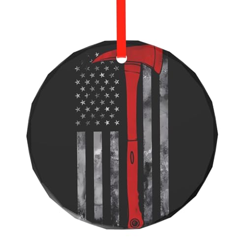 Firefighter Axe Red Line Flag Round Glass Pendant - Christmas Tree Hanging Decorations Pendant Perfect for Halloween, Holiday Parties