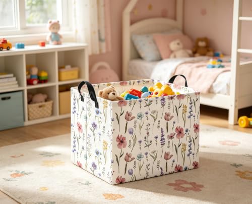 Image of Rectangular Baby Kids Storage Basket for Home Kitchen Girls Cute Toy Storage Bin Organizer Shelf Book Room Decor(Flower)