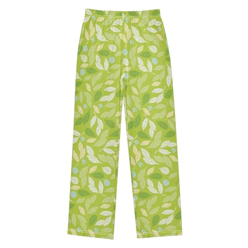 ZZXXB Green Leaves Print Boys Long Pants Soft Trousers Elastic Waist Kids Lounge Bottoms with Pockets S-XL