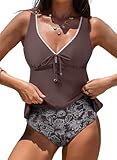 Aleumdr Fashion Tankini Set for Women Drawstring Knot Swimsuits Tummy Control Swimwear Ruched Bathing Suit Tankini Top with Bottom Dark Brown XX-Large