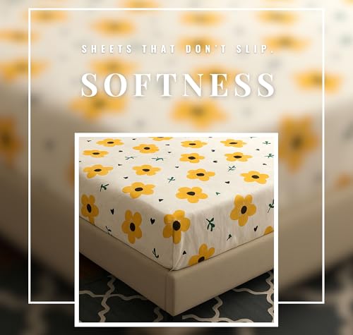 Image of HOMEKART 120 TC Cotton Rich Elastic Corner Fitted Bedsheet with 2 Pillow Covers | Double Bed 72x68+6 Inches | Wrinkle-Free, Super Soft & Breathable Floral Design | Yellow & White