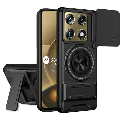 Image of AESTMO Motorola Moto Signature 5G Back Cover | Armor Camera Slider 360 Degree Rotating Finger Ring Holder Case with Bracket Stand Back Case Cover (Compatible with MagSafe Wireless Charging)(Black)