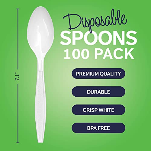 100 Plastic Spoons Heavyweight | 6" White Teaspoons Plastic Disposable Spoons Heavy Duty Utensils | Strong Durable Plasticware Cutlery | For Celebrations, Parties, Travels, Events, And Everyday Use #TOP3